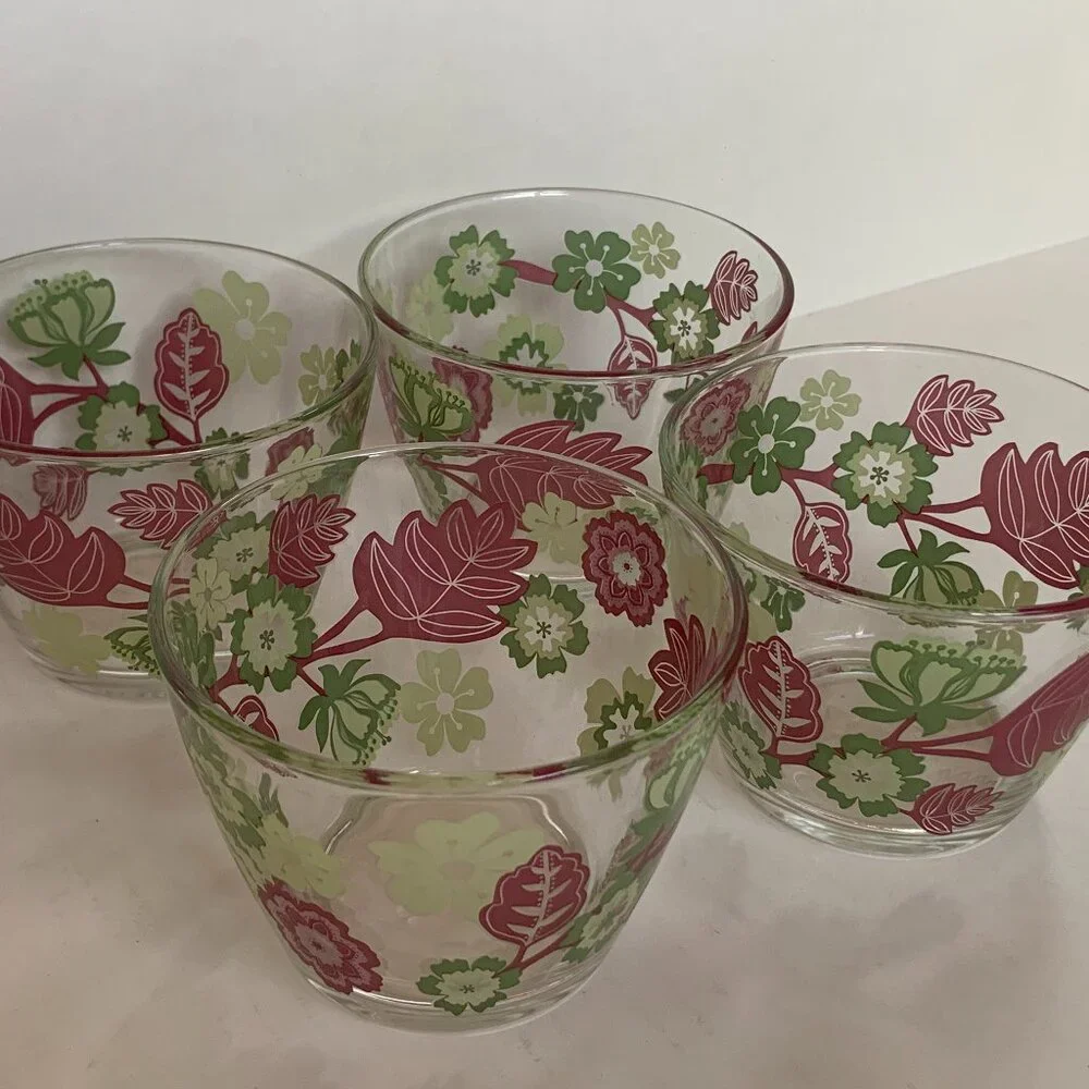 Ikea Ideell 14oz Glass Dessert Bowls Lot of 4 Pink Green Floral France Retired